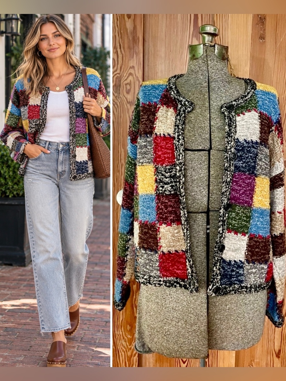 💥Vintage Jane’s Closet Patchwork Knit Cardigan Whipstitch Art to Wear Sz M💛
